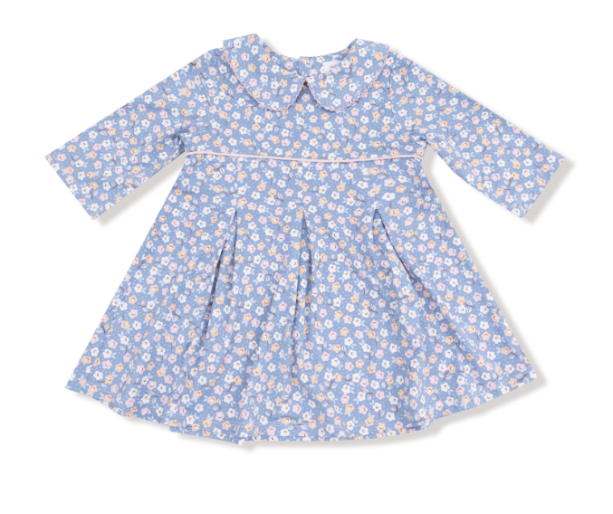 Angel Dear - Country Calico - Box Pleat Dress W/ 3/4 Sleeve + Peterpan Collar & Rib Leggings