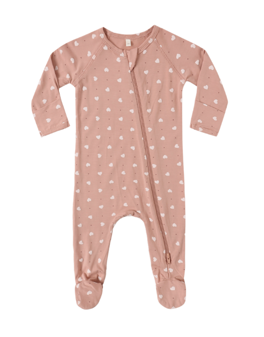 Quincy Mae - Bamboo Zip Footie || Pink Hearts