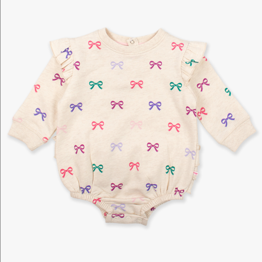 RuffleButts + RuggedButts - Sweatshirt Bubble Romper - Heather Oatmeal Ribbons