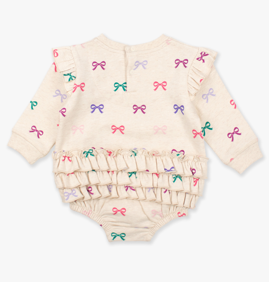 RuffleButts + RuggedButts - Sweatshirt Bubble Romper - Heather Oatmeal Ribbons