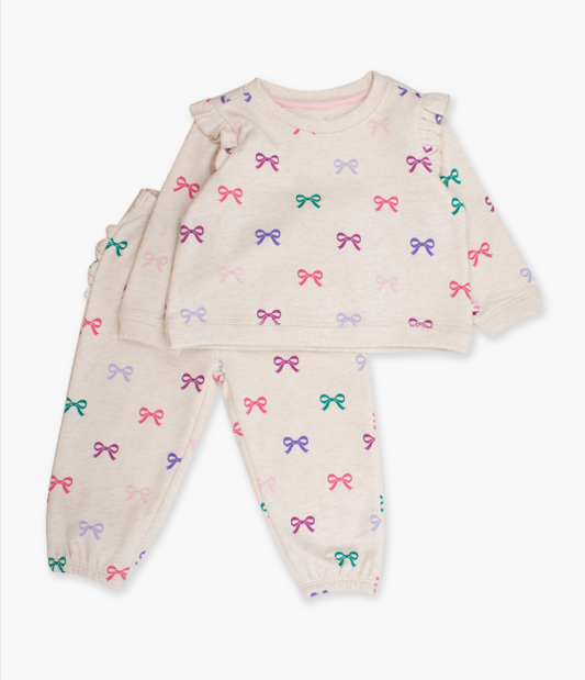 RuffleButts + RuggedButts - Heather Oatmeal Ribbons - Flutter Sweatshirt Jogger Set