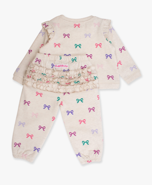 RuffleButts + RuggedButts - Heather Oatmeal Ribbons - Flutter Sweatshirt Jogger Set