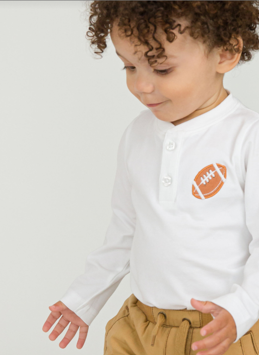 RuffleButts + RuggedButts - Football White Knit Long Sleeve Embroidered Henley Bodysuit