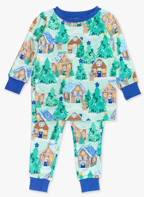 RuffleButts + RuggedButts - Long Sleeve Pajama Set - Blue Jolly Gingerbread