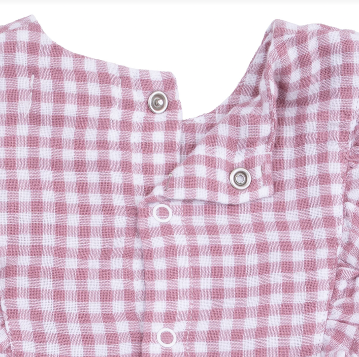 Angel Dear - Berry Gingham Long Sleeve Ruffle Bubble w/ Skirt