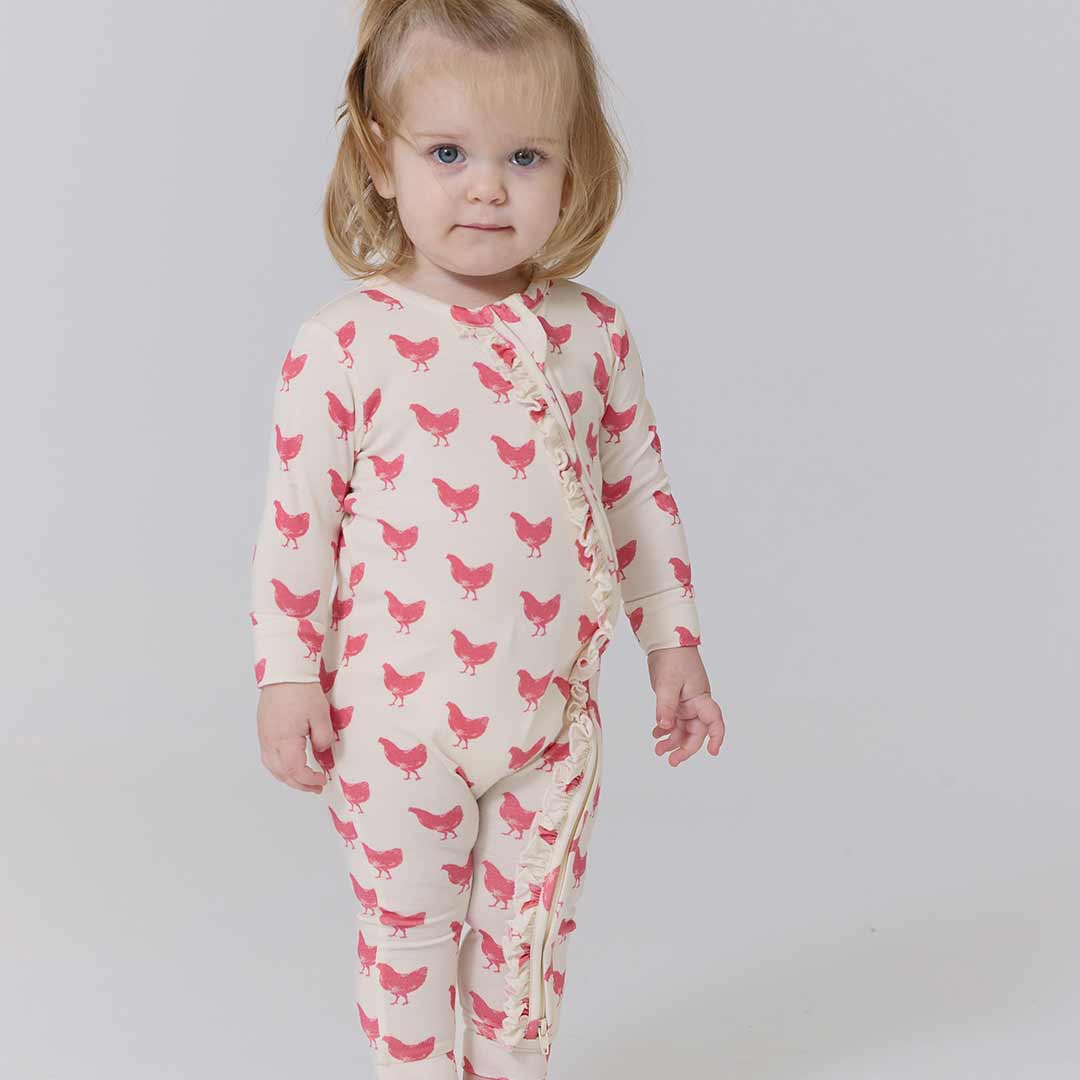 Pink Chicken - Ruffle Bamboo Romper - Pink Chickens