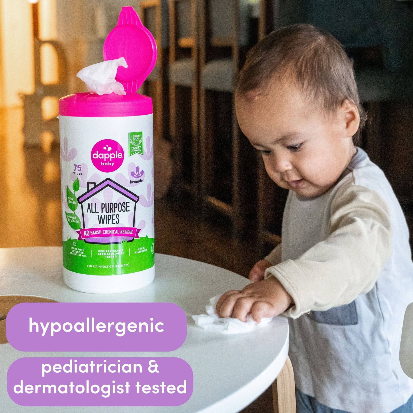 Earth Mama Organics - Dapple All Purpose Cleaner Wipes, Lavender, 75ct