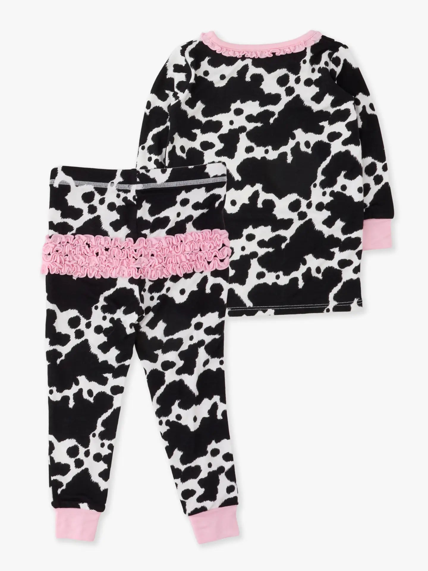 RuffleButts + RuggedButts - SoftSnooze™ Toddler Girls Bamboo Viscose Moo Crew Ruffle Long Sleeve Pajama Set with Signature Rear Ruffles