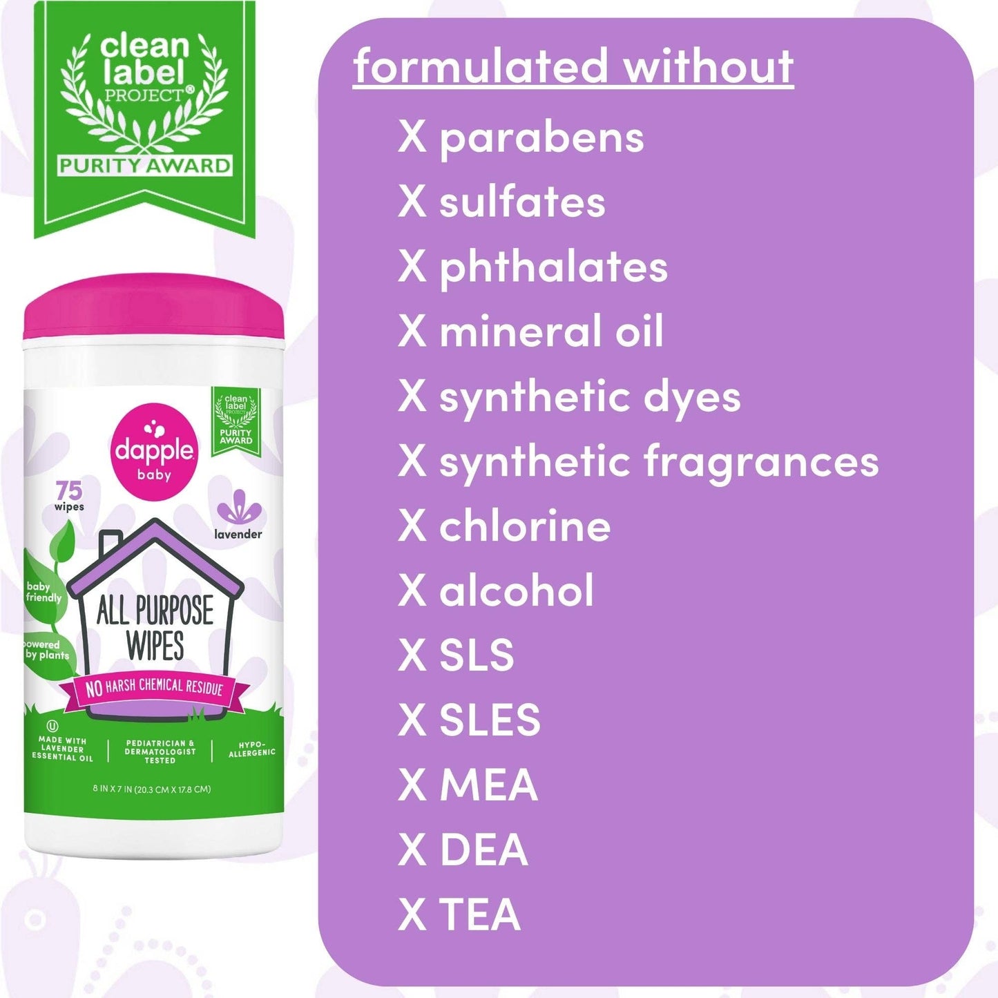 Earth Mama Organics - Dapple All Purpose Cleaner Wipes, Lavender, 75ct