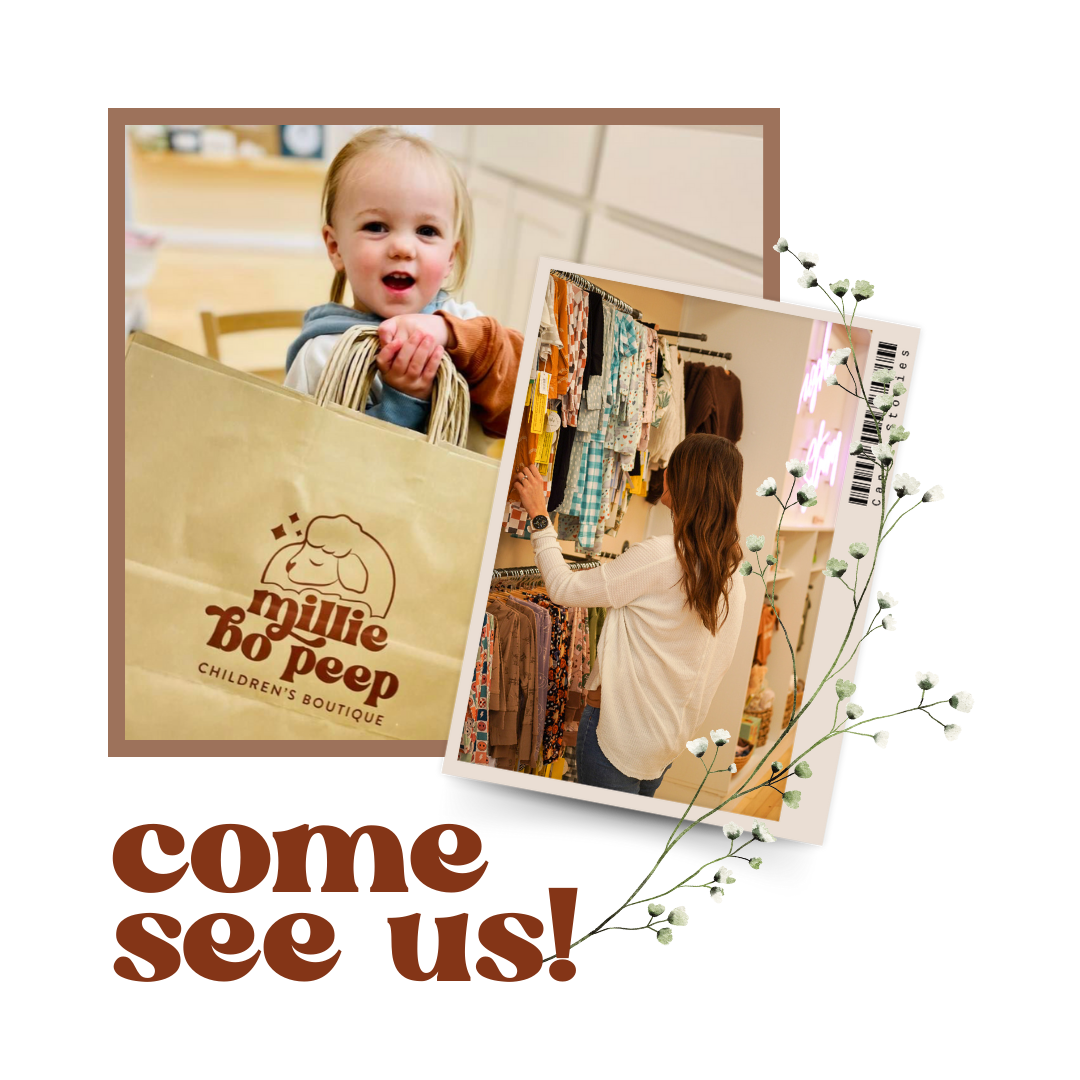 Millie handing you a shopping bag, next to a photo of a woman shopping at Millie Bo Peep