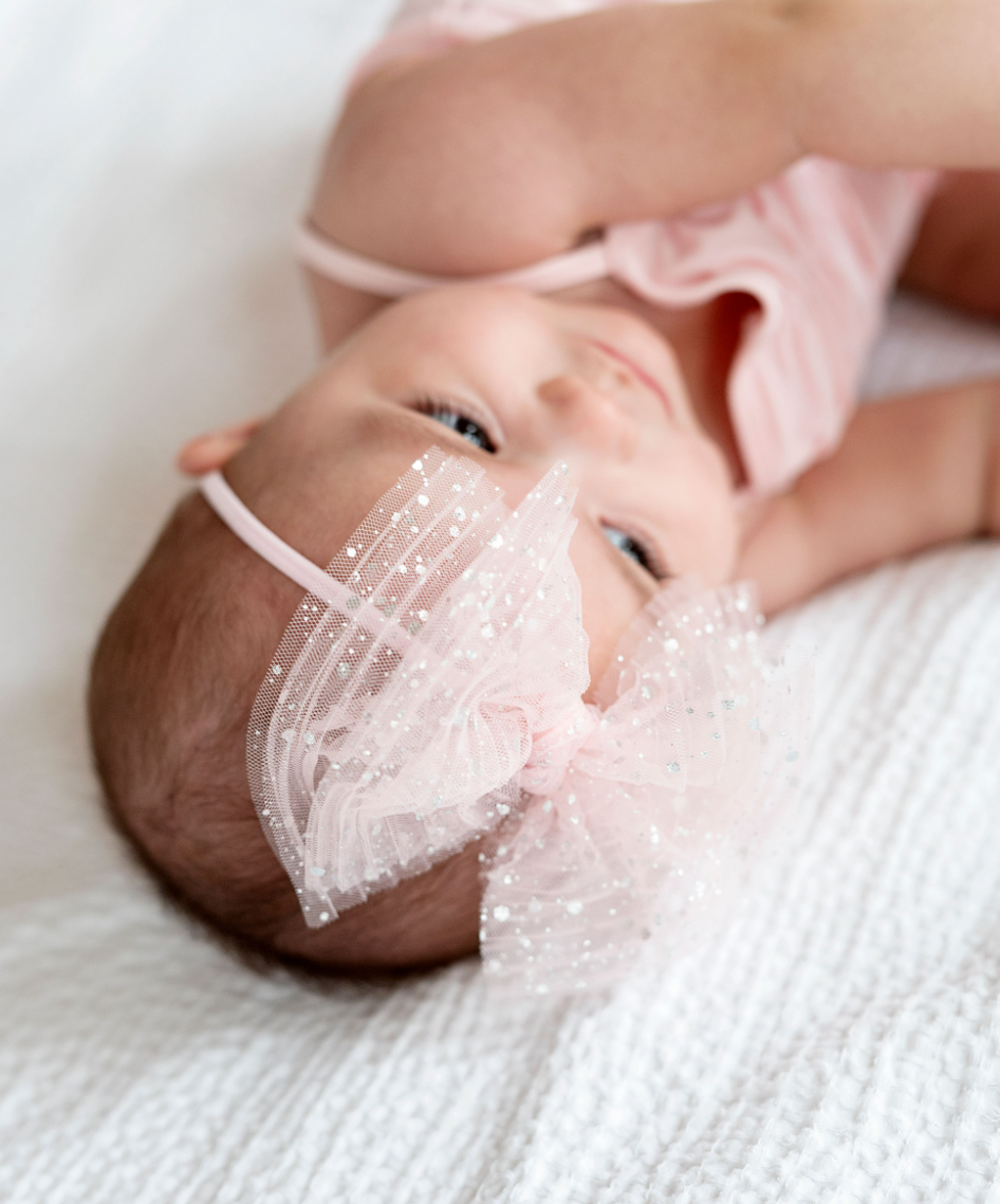 Baby Bling Bows - Baby Bling® Tulle FAB® Skinny nylon headband with tulle bow: Pleated White