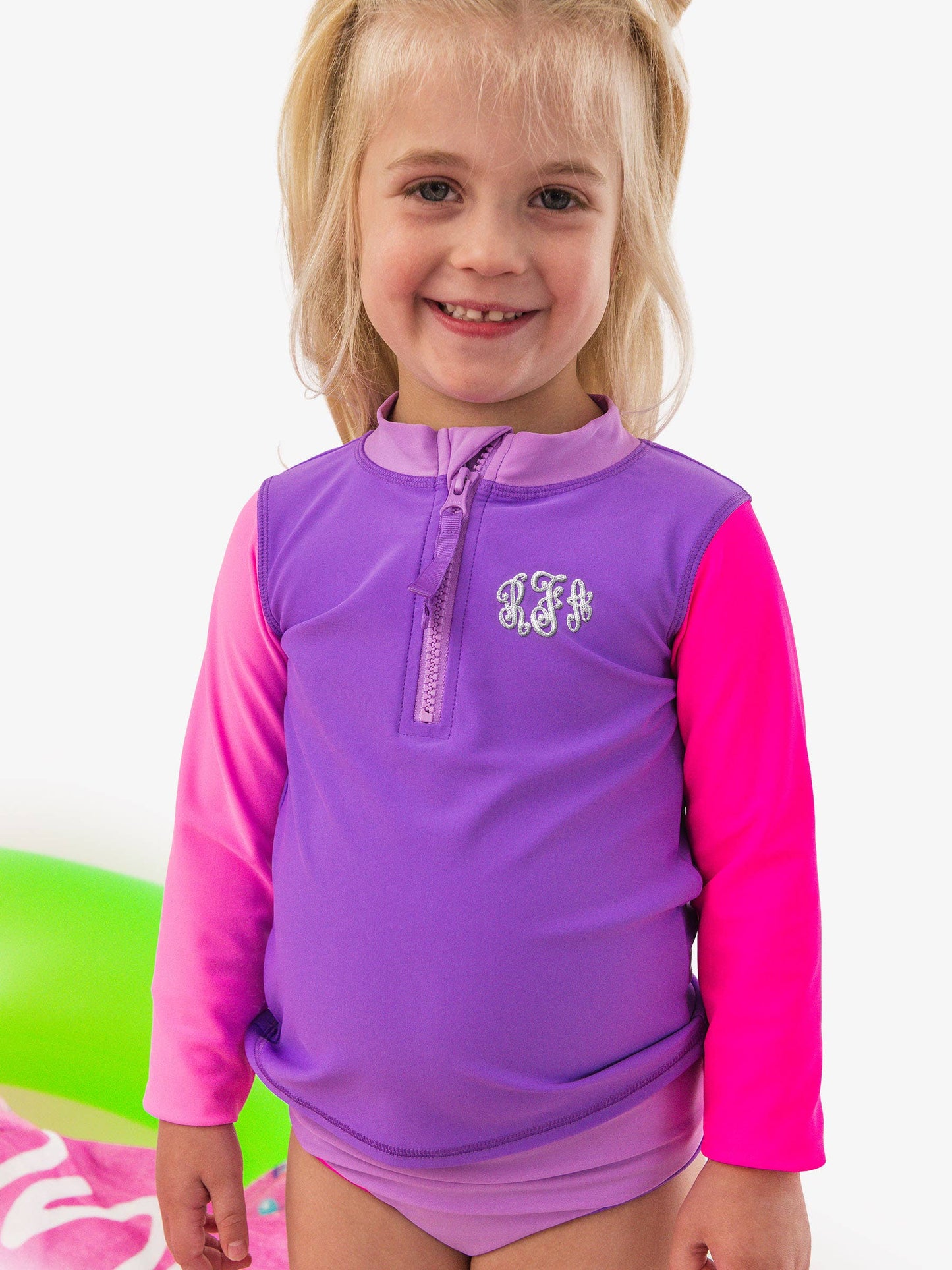RuffleButts + RuggedButts - Girls Neon Purple Color Block Long Sleeve Zipper Rash Guard 2-Piece Swimsuit with Signature Rear Ruffles: Purple