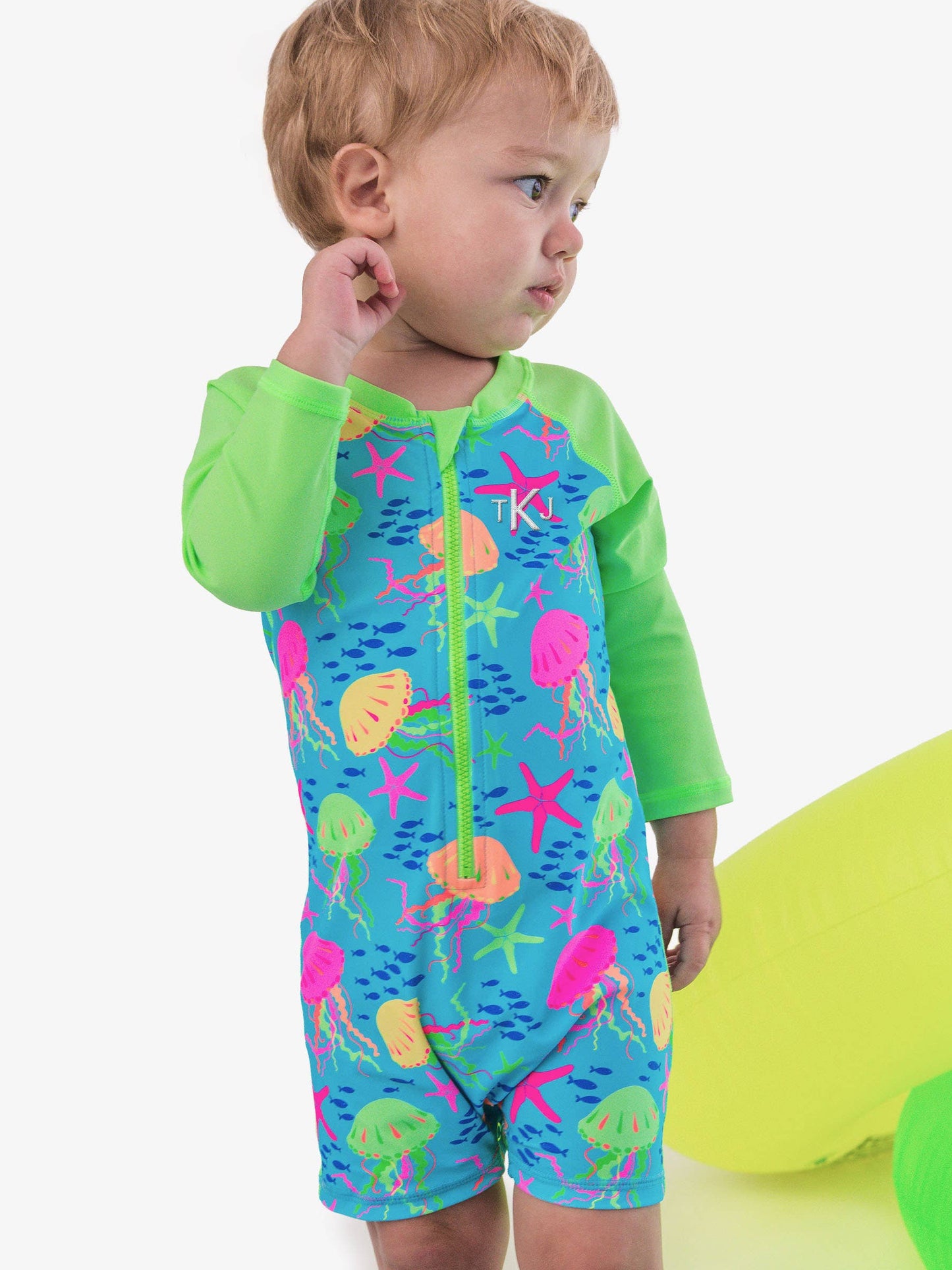RuffleButts + RuggedButts - Baby Boys Neon Jelly Time Long Sleeve One Piece Rash Guard Swimsuit: Blue