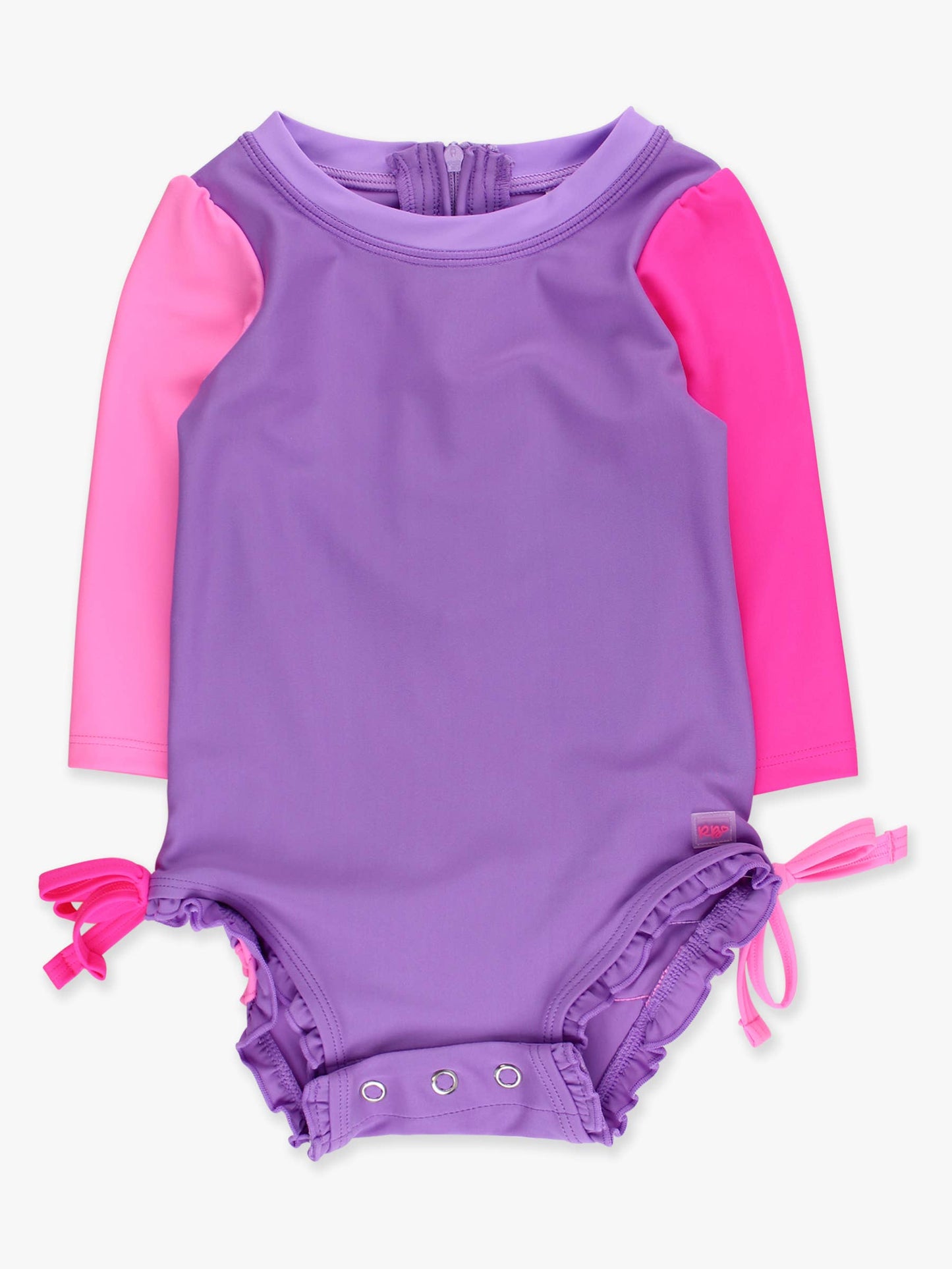 RuffleButts + RuggedButts - Baby Girls Neon Purple Color Block Long Sleeve One Piece Rash Guard Swimsuit with Signature Rear Ruffles: Purple