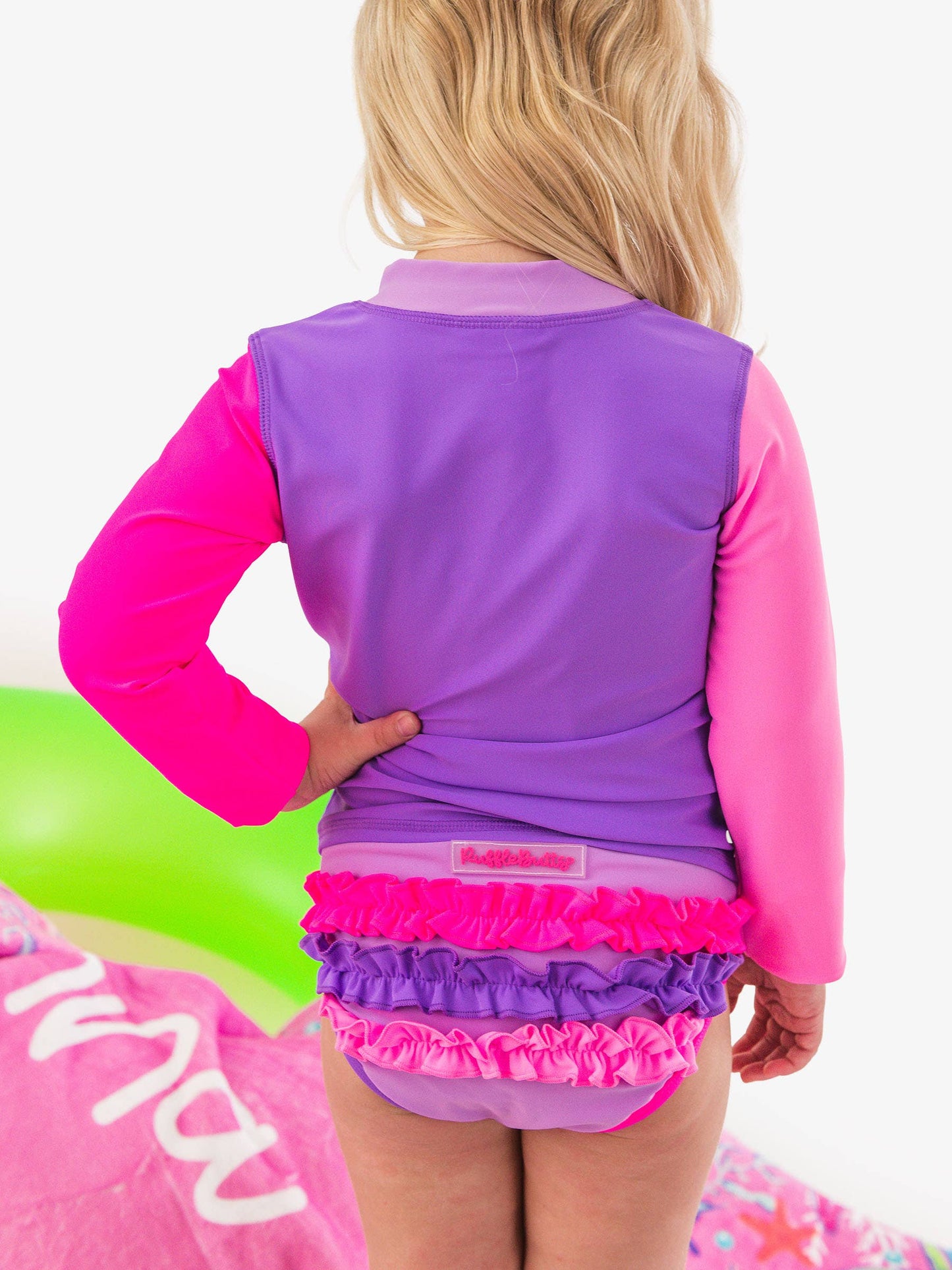 RuffleButts + RuggedButts - Girls Neon Purple Color Block Long Sleeve Zipper Rash Guard 2-Piece Swimsuit with Signature Rear Ruffles: Purple