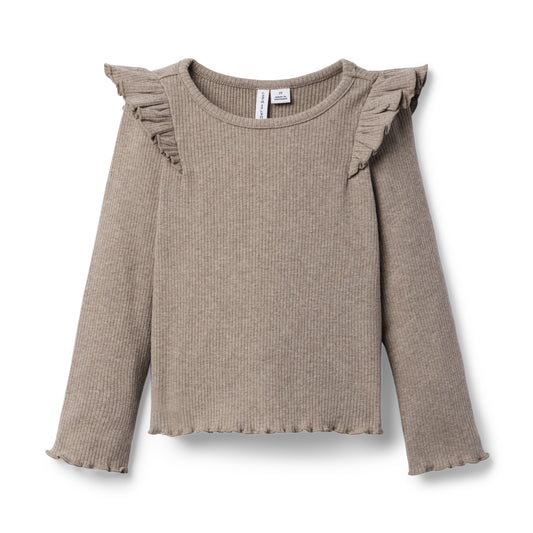 Janie and Jack - Ribbed Ruffle Shoulder Top - Brown Fox