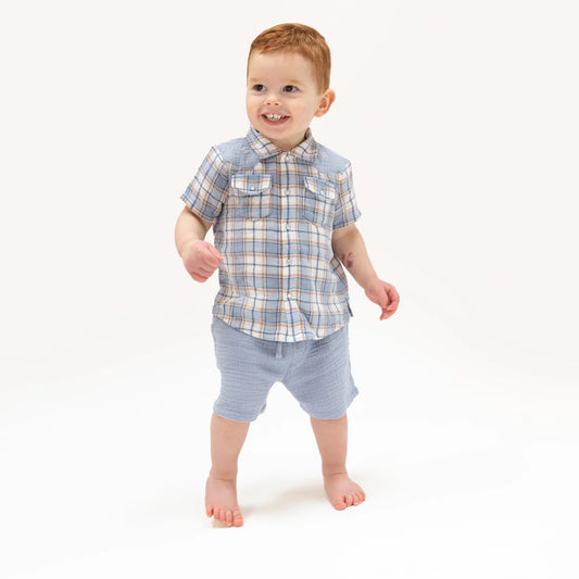 Angel Dear - Western Boot Plaid - Short Sleeve Western Pearl Snap Shirt with Casual Short