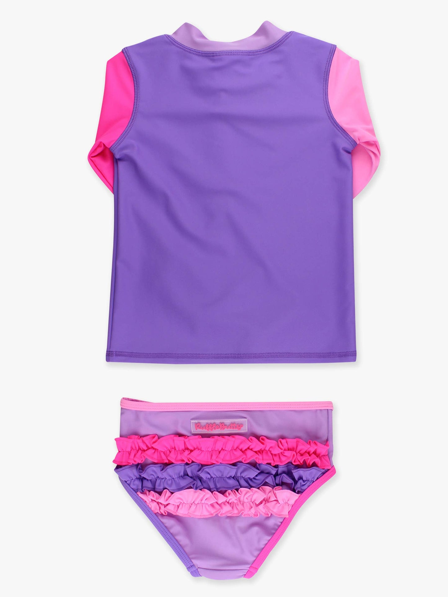 RuffleButts + RuggedButts - Girls Neon Purple Color Block Long Sleeve Zipper Rash Guard 2-Piece Swimsuit with Signature Rear Ruffles: Purple