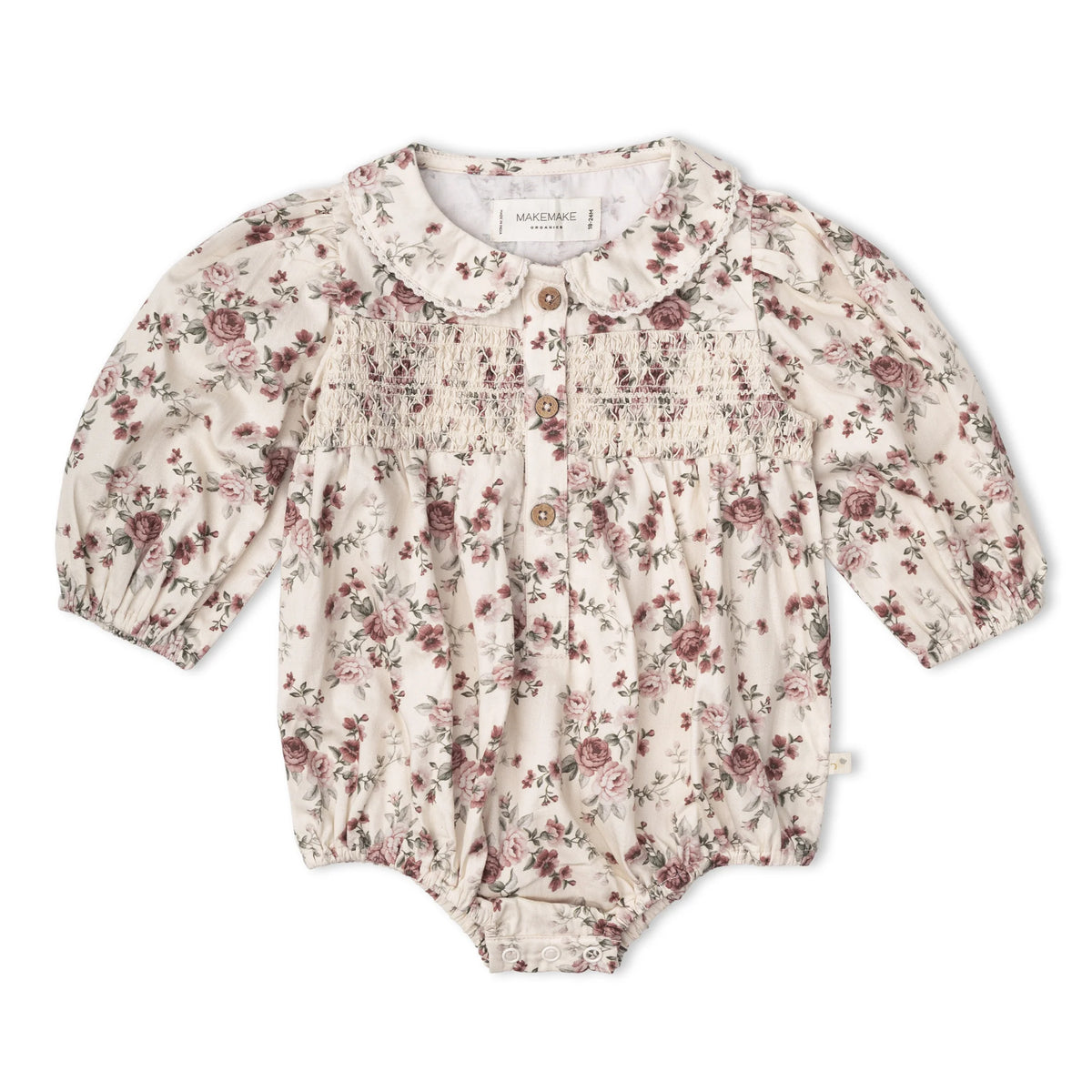MakeMake Organics - Organic Smocked Long Sleeve Bubble Romper - Wildrose