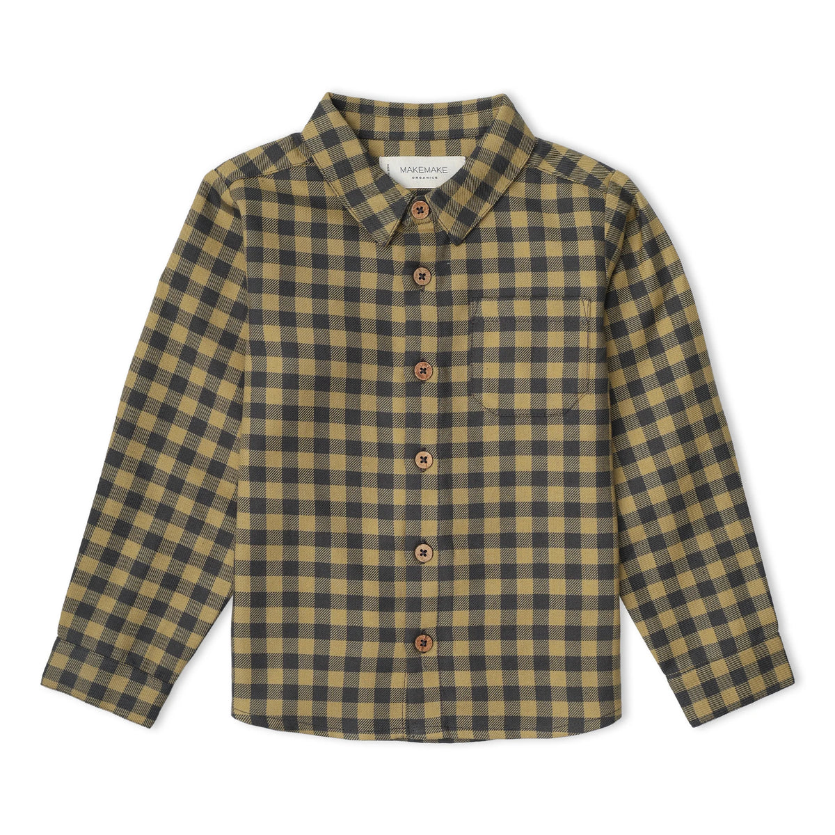Makemake Organics - Organic Collared Long Sleeve Shirt - Olive Gingham
