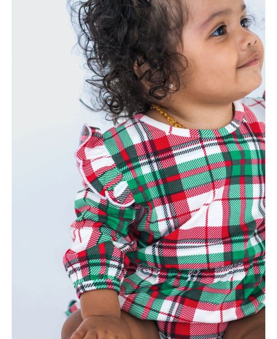 Rufflebutts + Ruggedbutts - Knit Long Sleeve Flutter Bubble Romper - Dashing Dreams Plaid