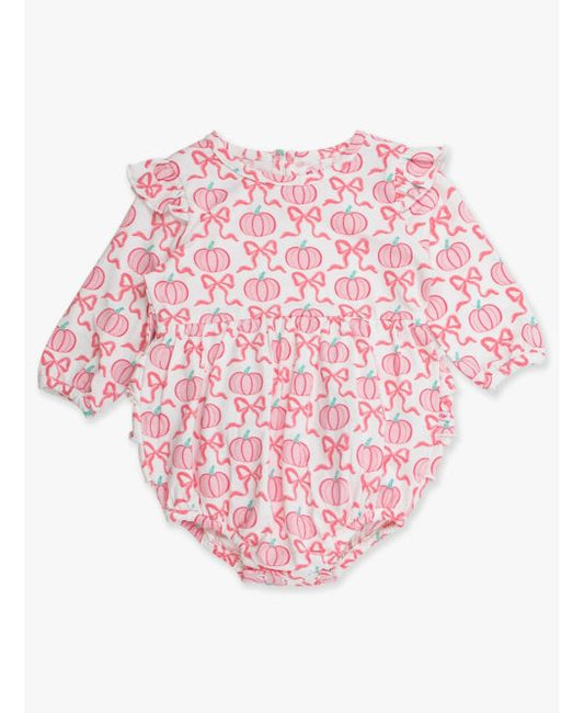 RuffleButts + RuggedButts - Knit Long Sleeve Flutter Bubble Romper - Pink Fairytale Pumpkins