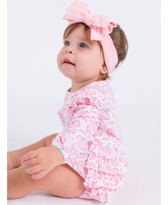 RuffleButts + RuggedButts - Knit Long Sleeve Flutter Bubble Romper - Pink Fairytale Pumpkins