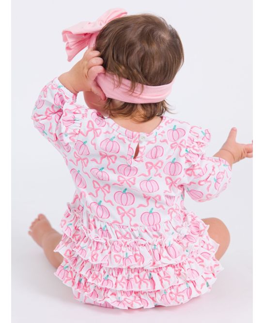 RuffleButts + RuggedButts - Knit Long Sleeve Flutter Bubble Romper - Pink Fairytale Pumpkins