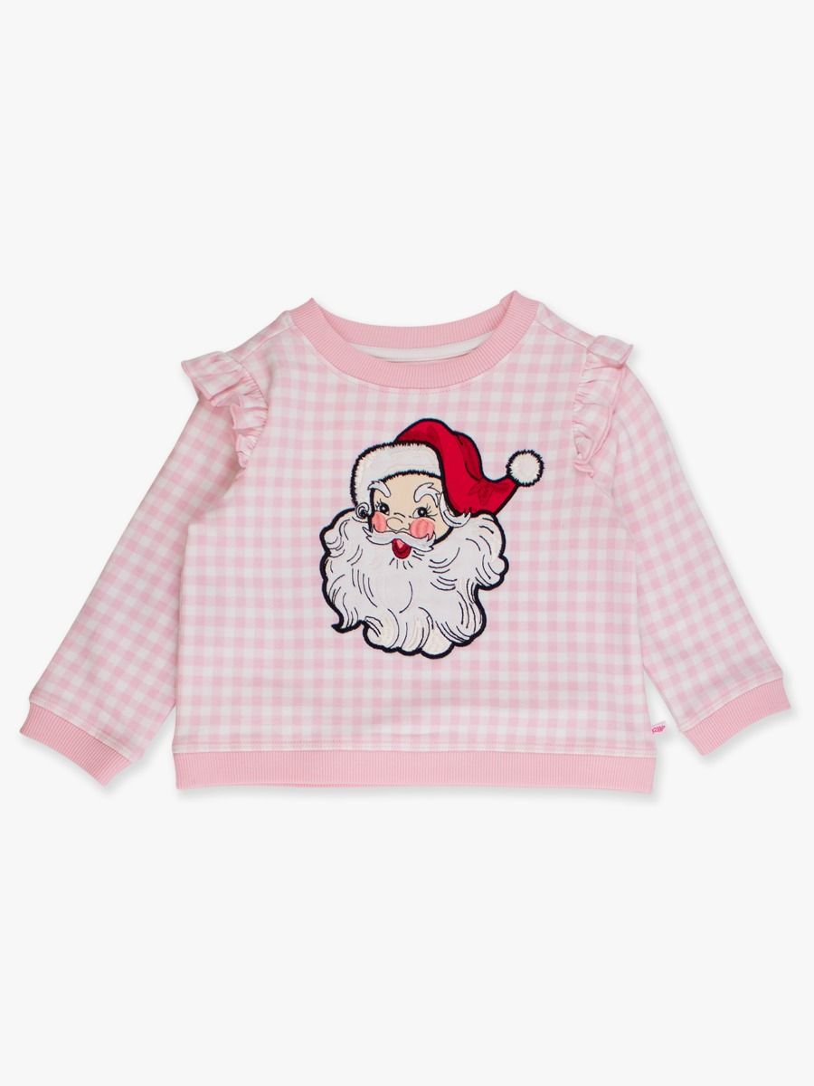 RuffleButts + RuggedButts - Applique Flutter Sweatshirt - Dear Santa Pink Gingham