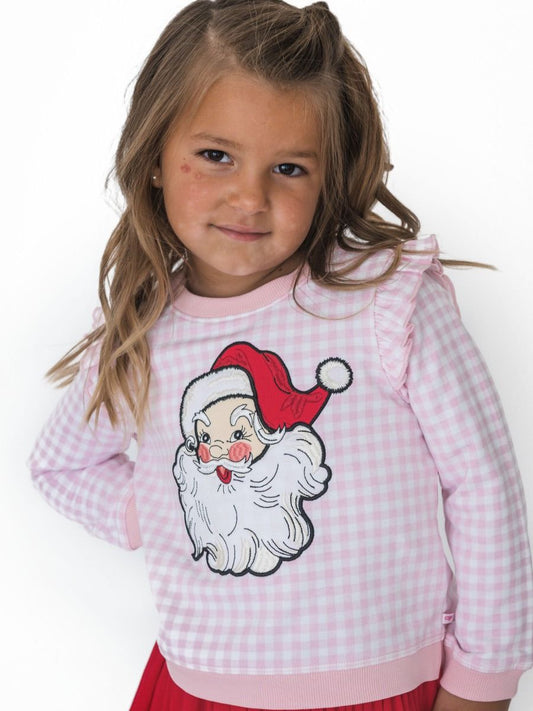 RuffleButts + RuggedButts - Applique Flutter Sweatshirt - Dear Santa Pink Gingham