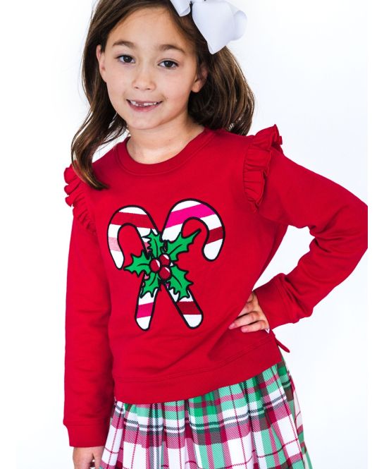 Rufflebutts + Ruggedbutts - Applique Flutter Sweatshirt - Red Holly Candy Canes
