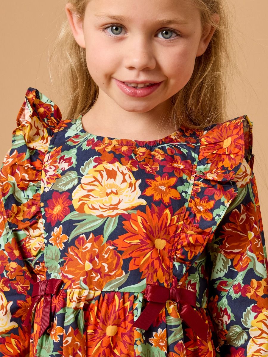RuffleButts + RuggedButts - Girls Autumn Blooms Woven Long Sleeve Waterfall Bow Dress