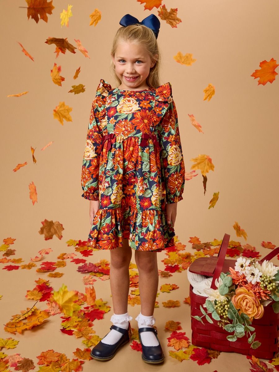 RuffleButts + RuggedButts - Girls Autumn Blooms Woven Long Sleeve Waterfall Bow Dress