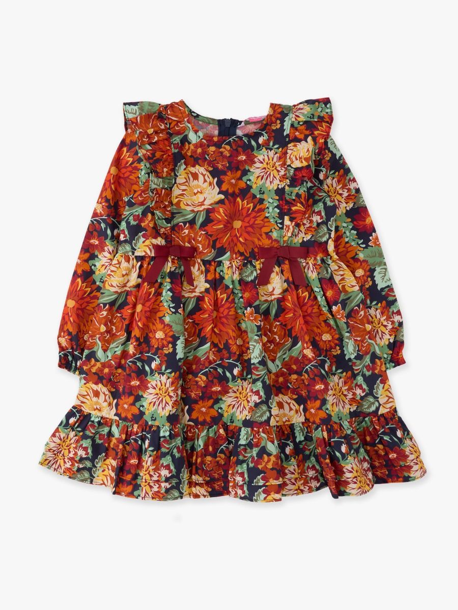 RuffleButts + RuggedButts - Girls Autumn Blooms Woven Long Sleeve Waterfall Bow Dress