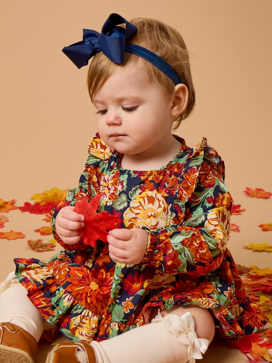 RuffleButts + RuggedButts - Baby Girls Autumn Blooms Woven Long Sleeve Waterfall Bow Swing Top & Bloomer Set