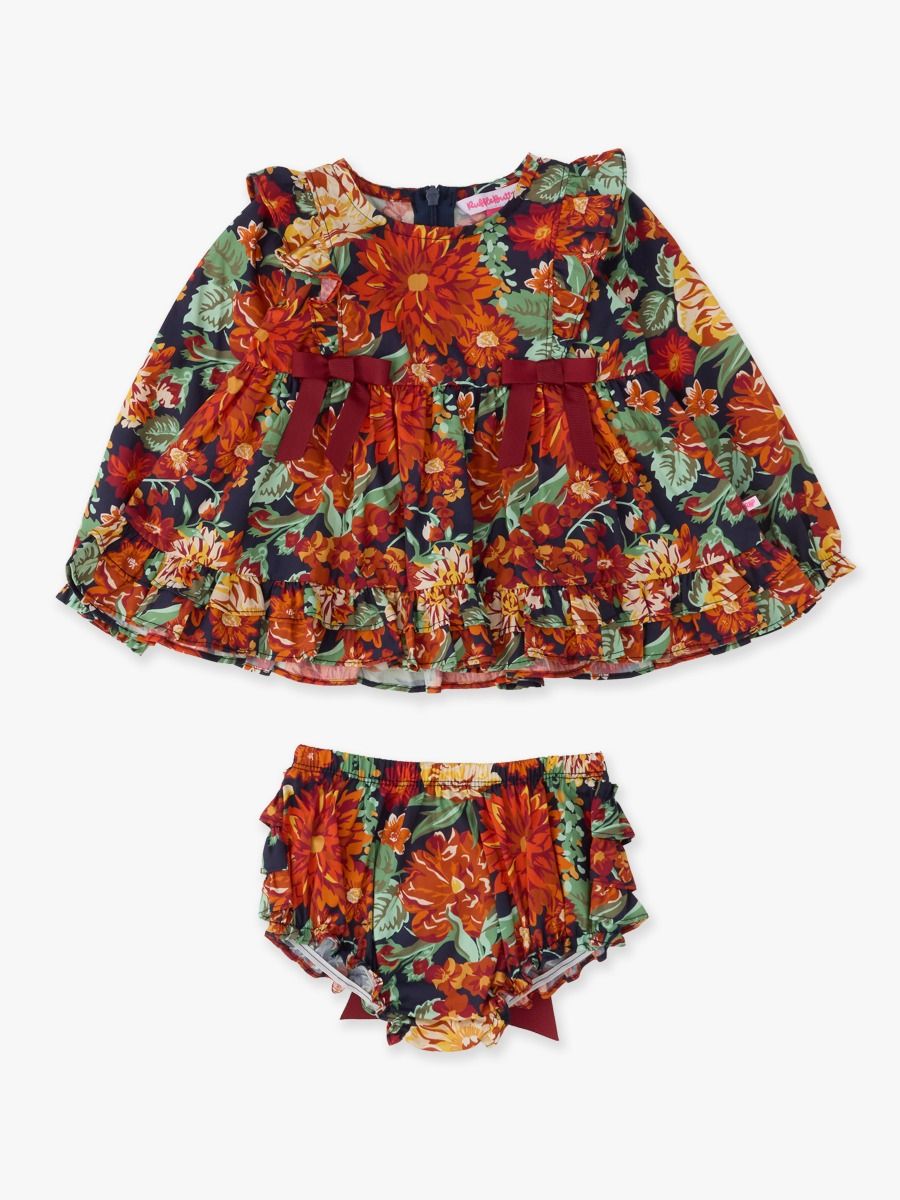 RuffleButts + RuggedButts - Baby Girls Autumn Blooms Woven Long Sleeve Waterfall Bow Swing Top & Bloomer Set