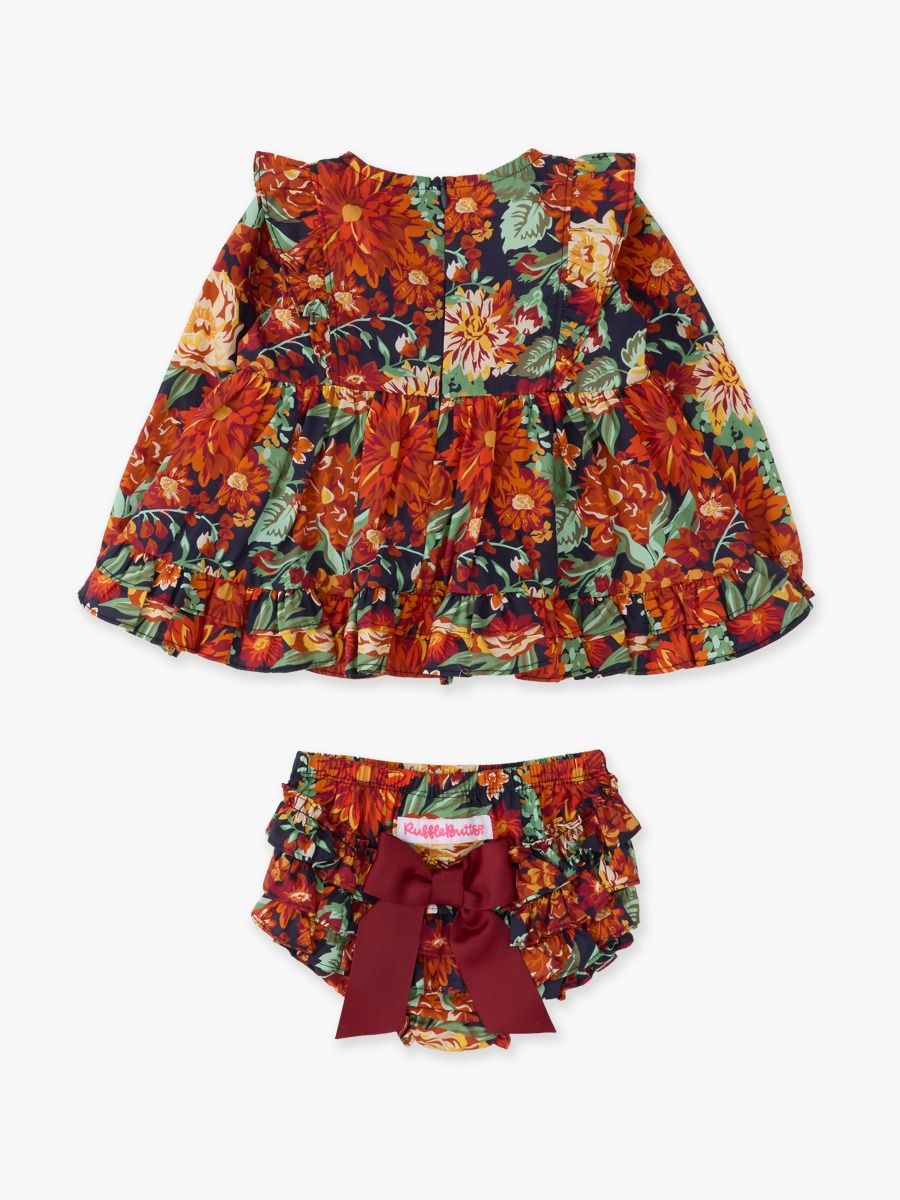 RuffleButts + RuggedButts - Baby Girls Autumn Blooms Woven Long Sleeve Waterfall Bow Swing Top & Bloomer Set
