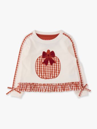 RuffleButts + RuggedButts - Girls Pumpkin Bow Ivory Applique Ruffle Bow Sweatshirt