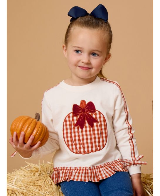 RuffleButts + RuggedButts - Girls Pumpkin Bow Ivory Applique Ruffle Bow Sweatshirt