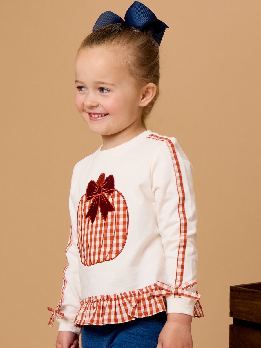 RuffleButts + RuggedButts - Girls Pumpkin Bow Ivory Applique Ruffle Bow Sweatshirt