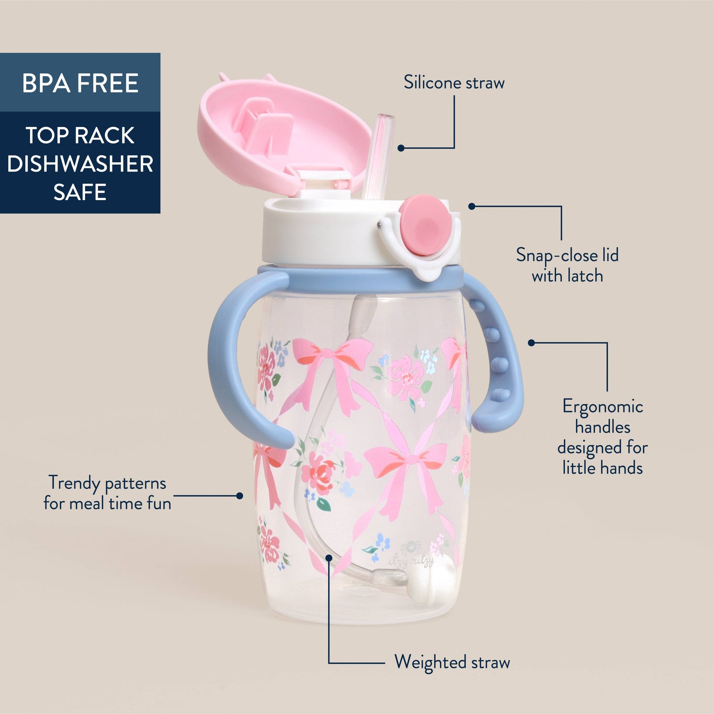 Itzy Ritzy - Itzy Sips™ - Straw Cup With Snap-Close Lid: Ribbons & Roses