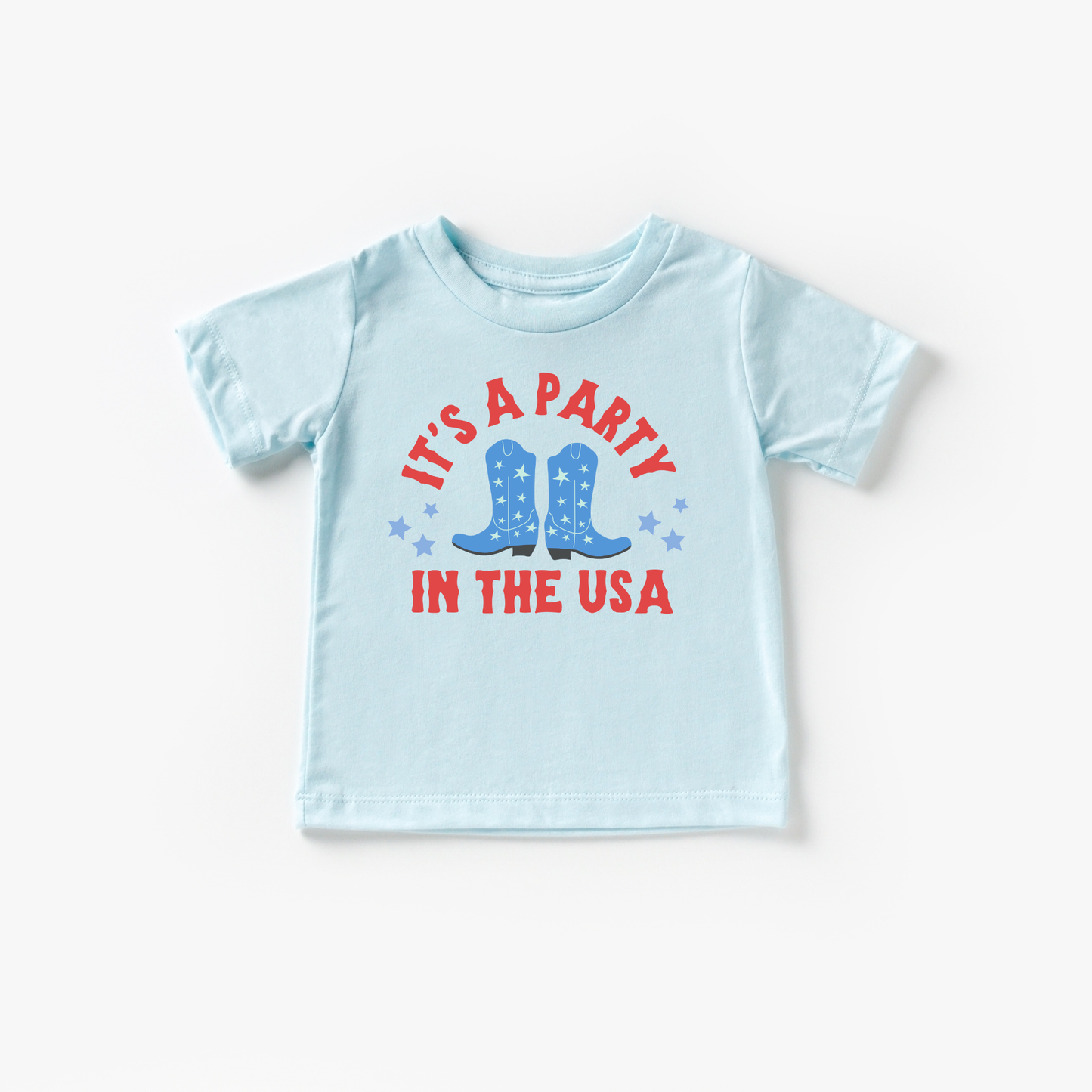 Benny & Ray Apparel - Party in the USA Cowboy Boots 4th of July Shirt for Kids: Ice Blue