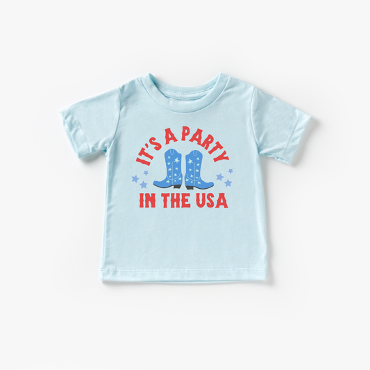 Benny & Ray Apparel - Party in the USA Cowboy Boots 4th of July Shirt for Kids: Ice Blue