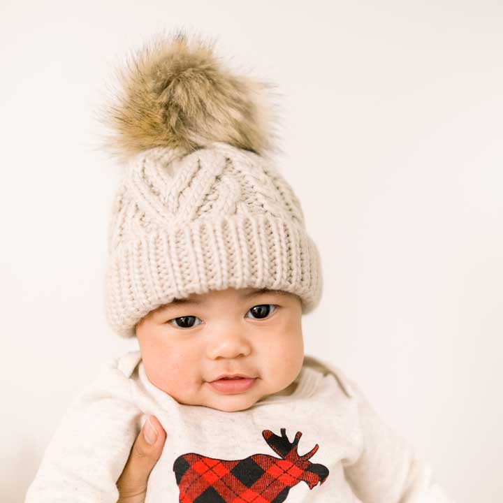 Huggalugs - Oatmeal Pop Pom Pom Beanie Hat Baby
