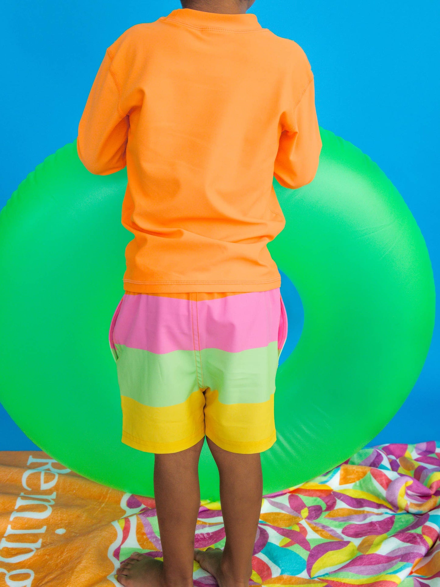 RuffleButts + RuggedButts - Boys Neon Citrus Color Block Performance Hybrid Swim Trunks