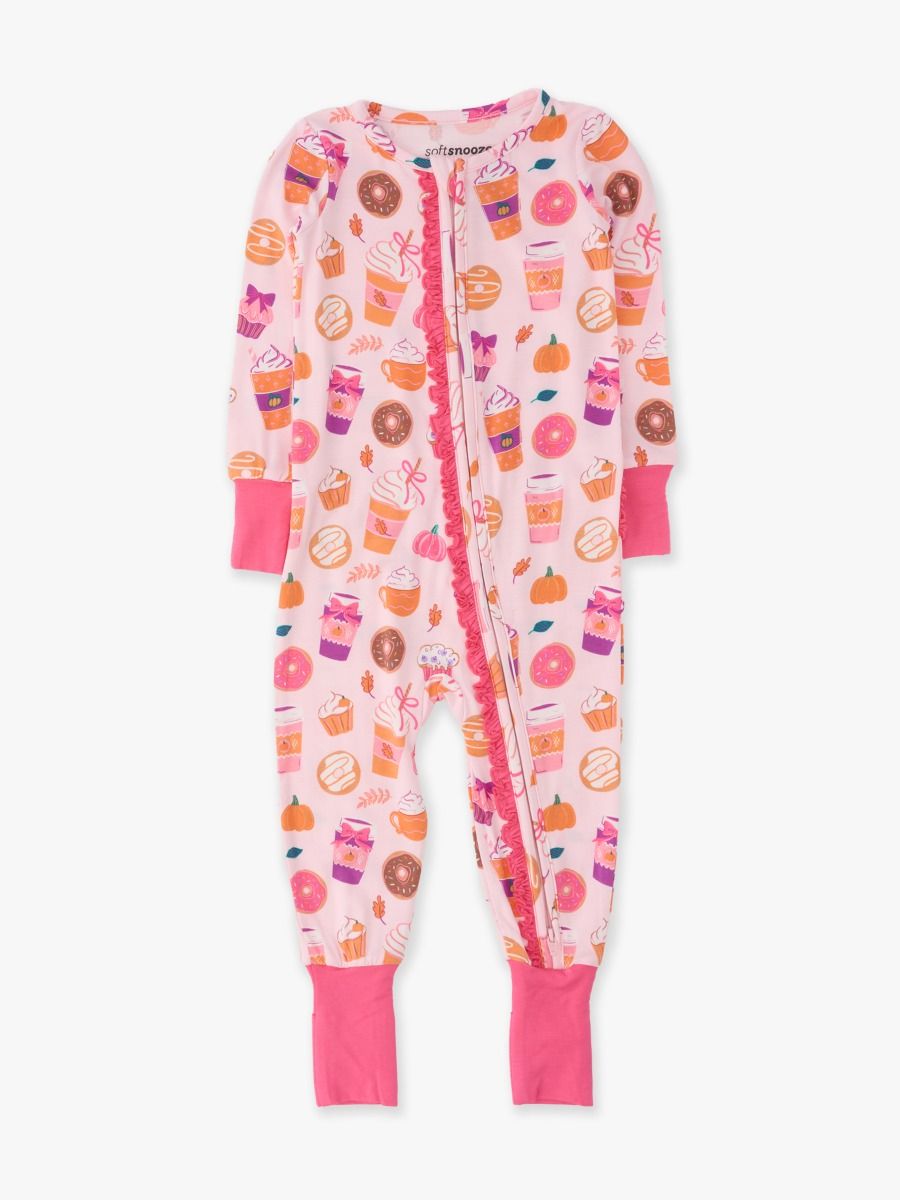 RuffleButts + RuggedButts - SoftSnooze™ Baby Girls Bamboo Viscose Autumn Spice Convertible Ruffle One Piece Footie Pajama: Pink