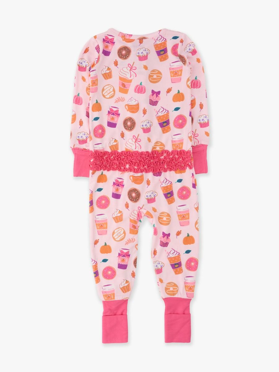 RuffleButts + RuggedButts - SoftSnooze™ Baby Girls Bamboo Viscose Autumn Spice Convertible Ruffle One Piece Footie Pajama: Pink