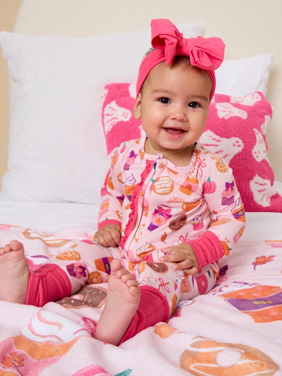 RuffleButts + RuggedButts - SoftSnooze™ Baby Girls Bamboo Viscose Autumn Spice Convertible Ruffle One Piece Footie Pajama: Pink