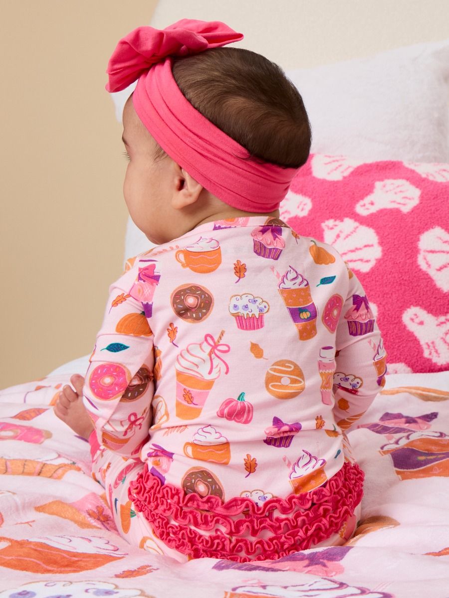 RuffleButts + RuggedButts - SoftSnooze™ Baby Girls Bamboo Viscose Autumn Spice Convertible Ruffle One Piece Footie Pajama: Pink