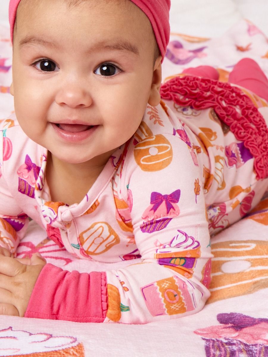 RuffleButts + RuggedButts - SoftSnooze™ Baby Girls Bamboo Viscose Autumn Spice Convertible Ruffle One Piece Footie Pajama: Pink